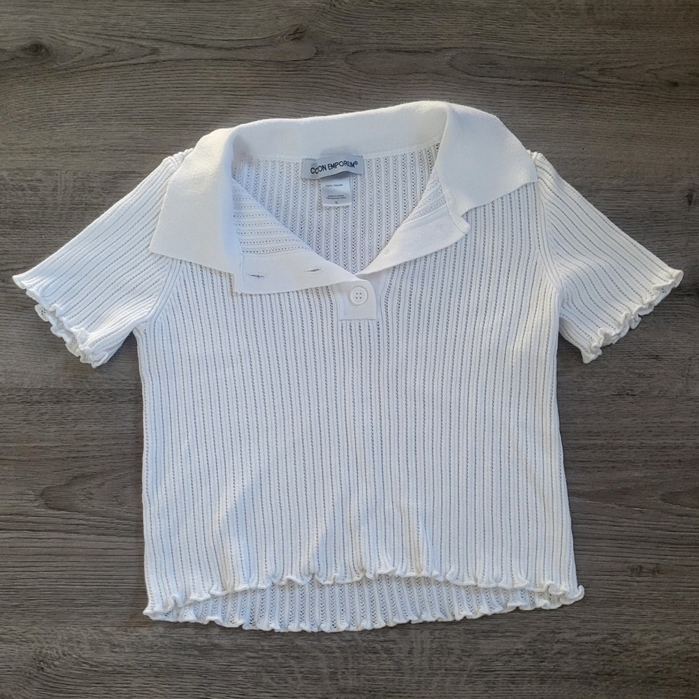 Cotton Emporium White Pointelle Knit Polo Shirt Lettuce Trim Short Sleeve Small